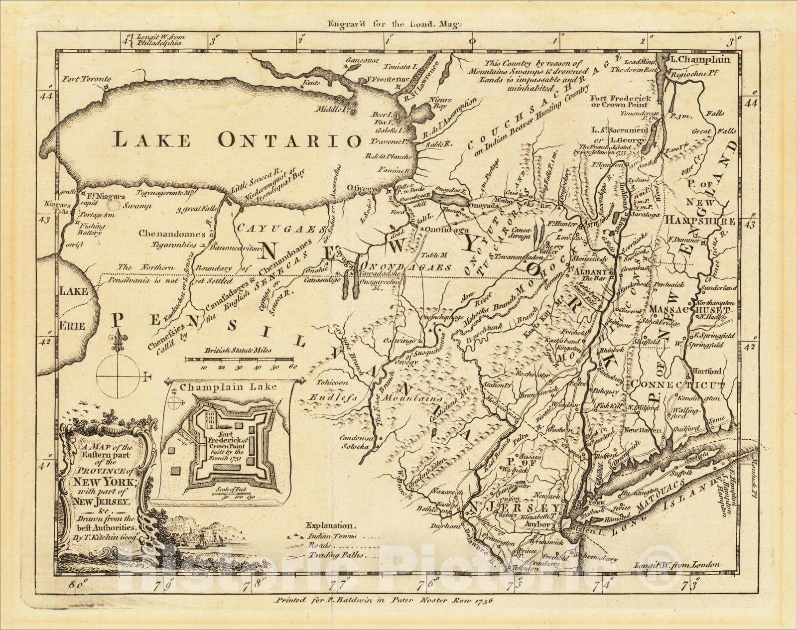 Historic Map : A Map of the Eastern part of the Province of New York, with part of New Jersey - &c. -- Drawn from the best Authorities, 1756, London Magazine, Vintage Wall Art