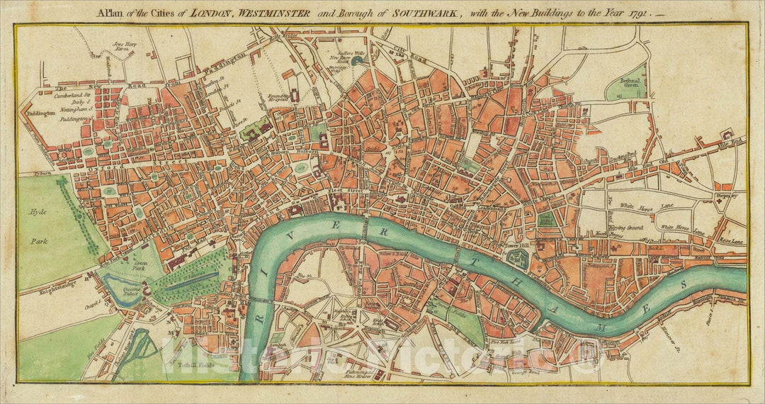 Historic Map : A Plan of the Cities of London, Westminster and Borough of Southwark, with the New Buildings to the Year 1791., 1791, George Kearsley, Vintage Wall Art