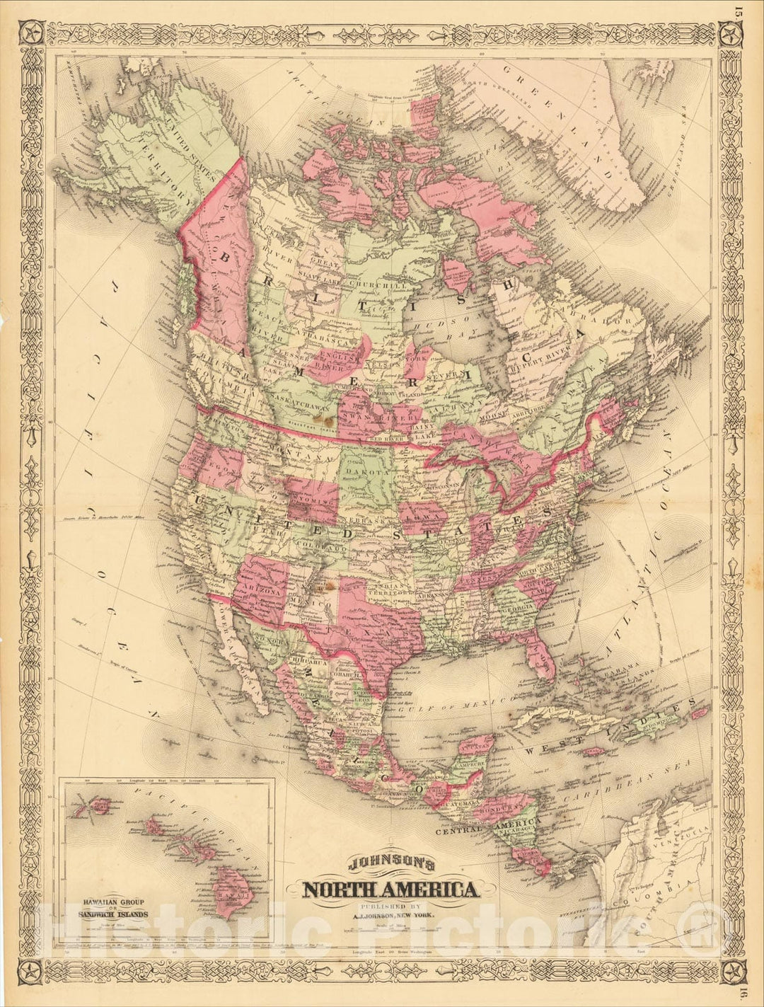 Historic Map : Johnson's North America [with Inset of Hawaii], 1867, Alvin Jewett Johnson, Vintage Wall Art