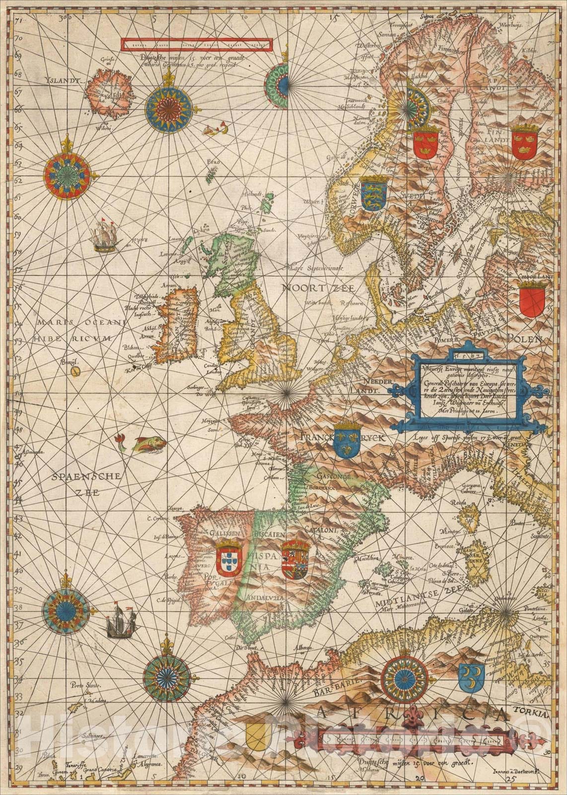 Historic Map : Universe Europe maritime eiusque navigationis descriptio. Generale Paschaerte van Europa , 1583, Lucas Janszoon Waghenaer, Vintage Wall Art