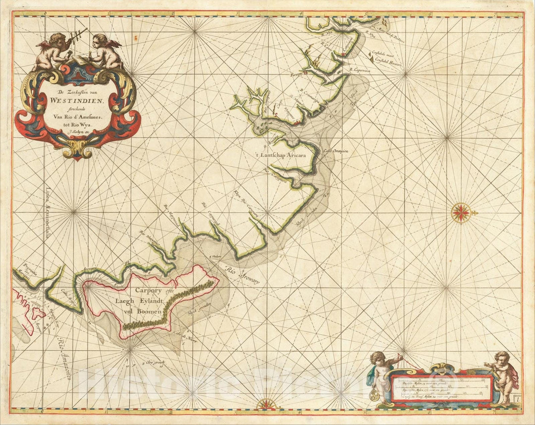 Historic Map : [Amazon, Northern Brazil) De Zeekusten van Westindien streckende Van Rio d'Amesones tot Rio Wya, 1675, Arent Roggeveen, Vintage Wall Art