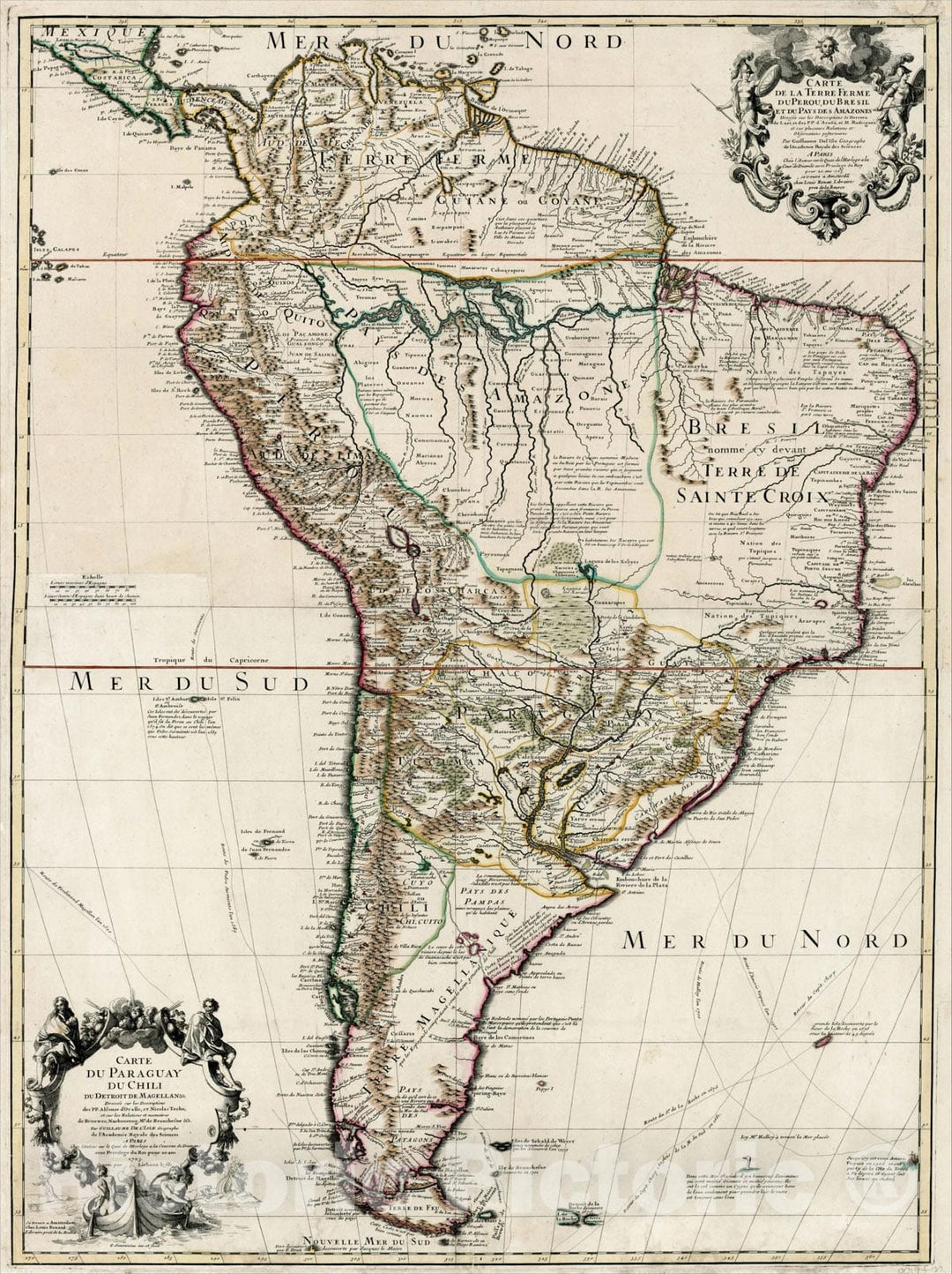 Historic Map : Carte de la Terre Ferme du Perou, du Perou, Du Bresil, et du Pays des Amazons, Carte du Paraguay du Chili du Detroit De Magellan &c., 1703, 1703, Vintage Wall Art