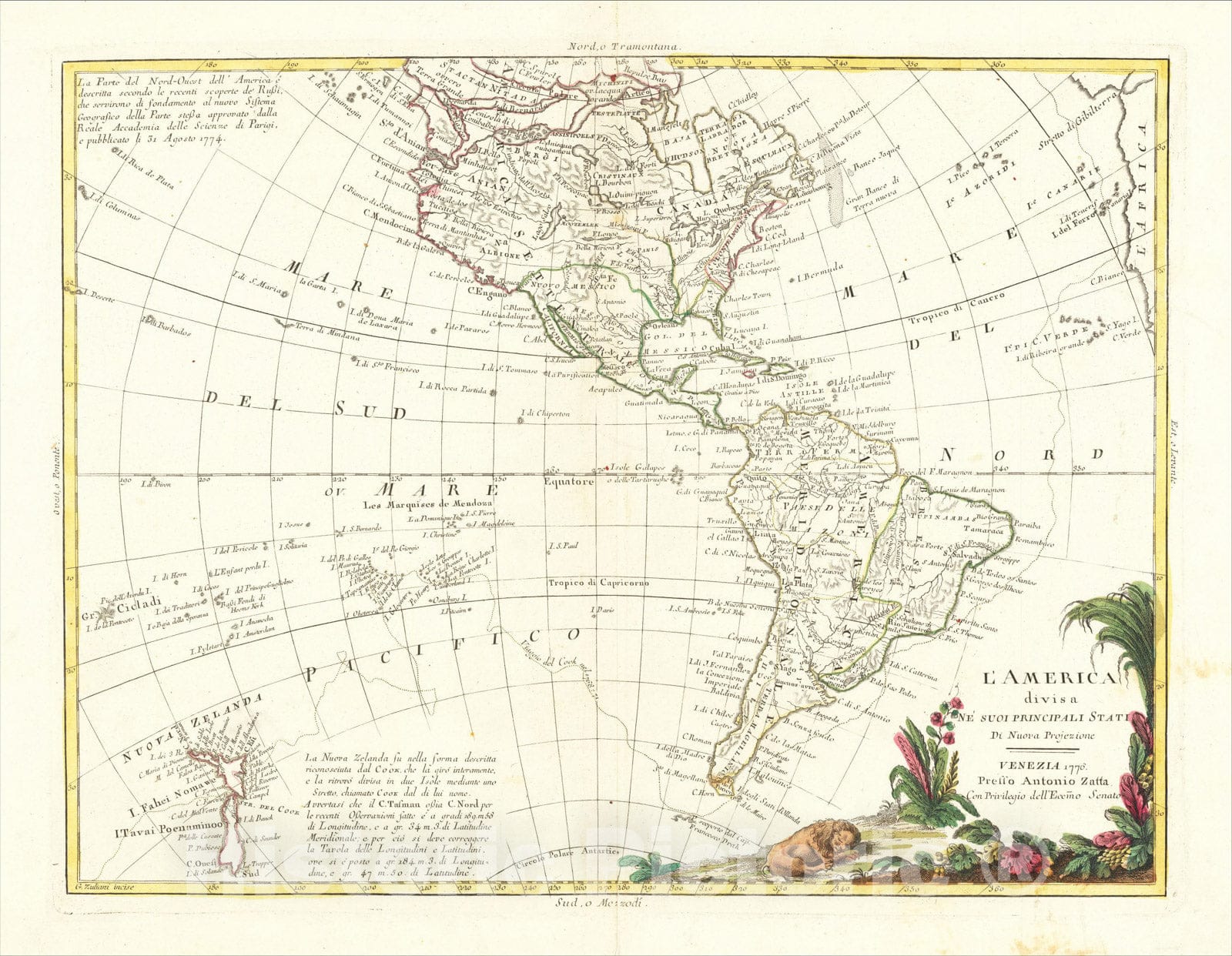 Historic Map : L'America Divisa Ne' Suoi Principali Stati Di Nuova Projezione [Shows New Zealand and Cook's Tracks], 1776, Antonio Zatta, Vintage Wall Art