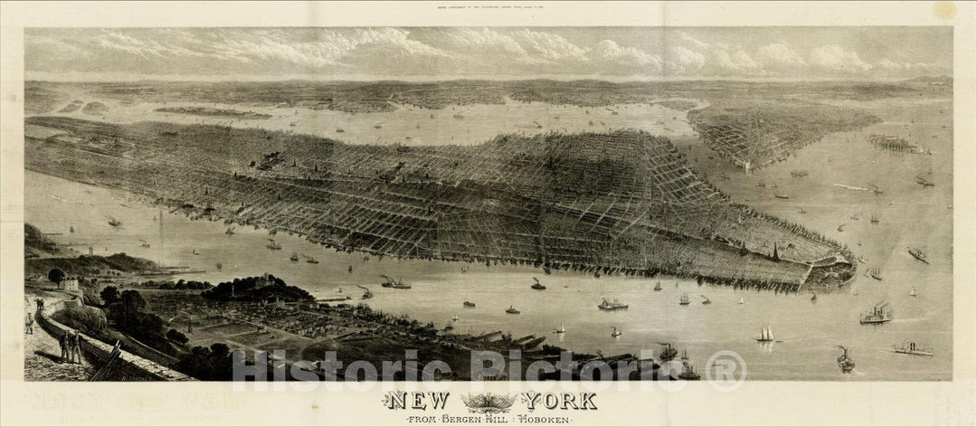 Historic Map : New York From Bergen Hill : Hoboken, 1876, Illustrated London News, Vintage Wall Art