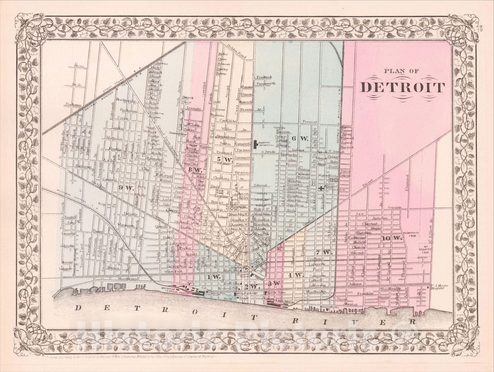 Historic Map : Plan of Detroit, 1881, Samuel Augustus Mitchell Jr., Vintage Wall Art