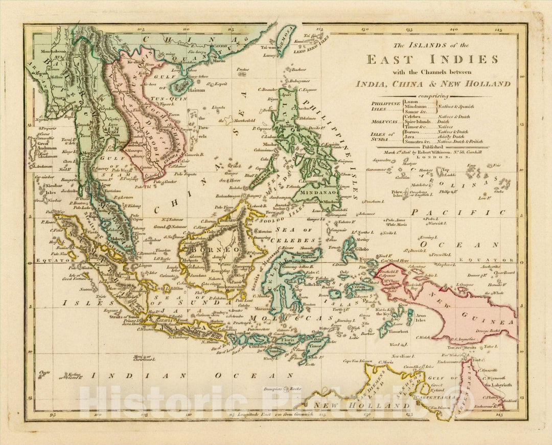 Historic Map : The Islands of the East Indies with the Channels between India, China & New Holland, 1806, Robert Wilkinson, Vintage Wall Art