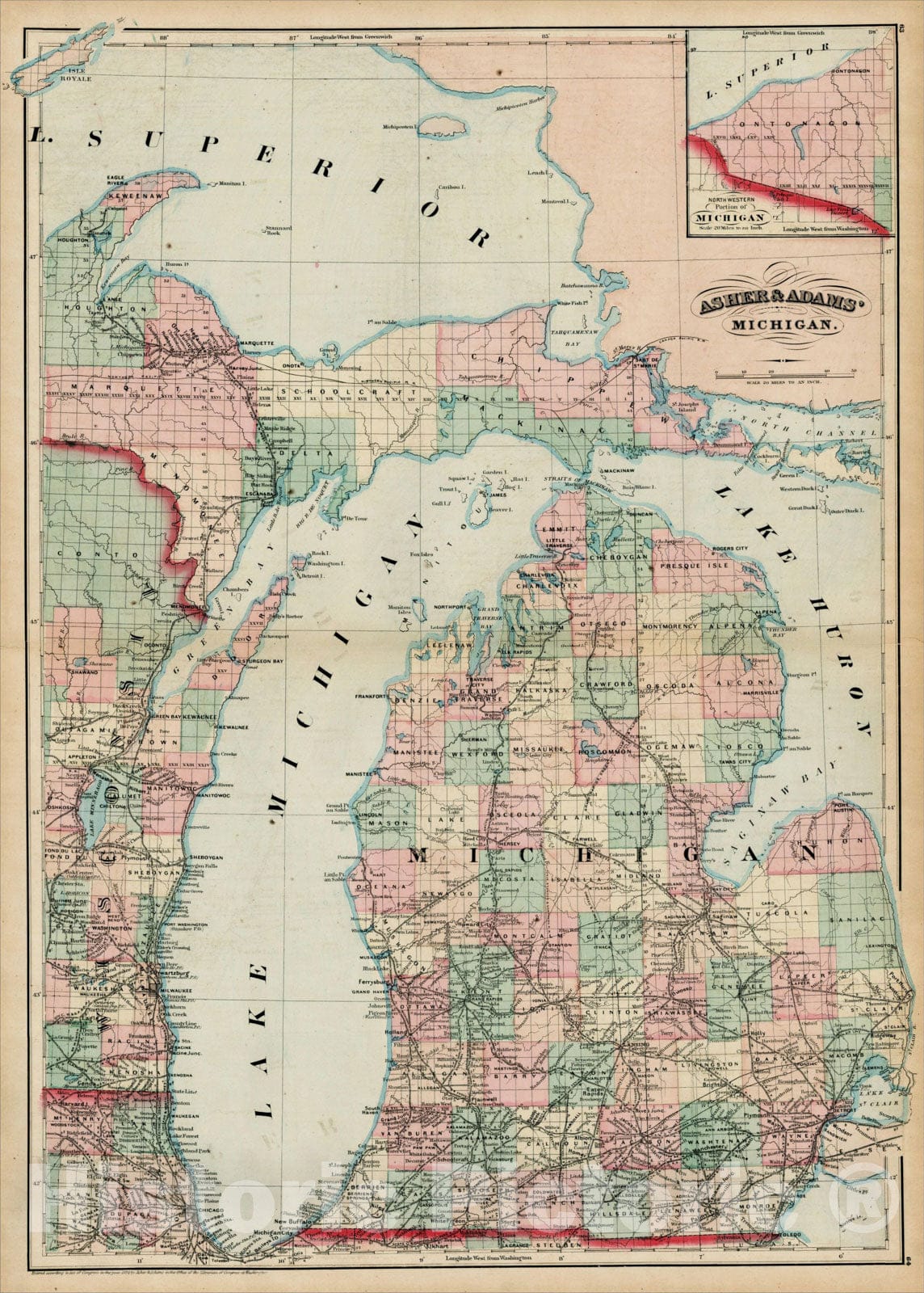 Historic Map : Asher & Adams' Michigan, 1874, Asher, v1, Vintage Wall Art