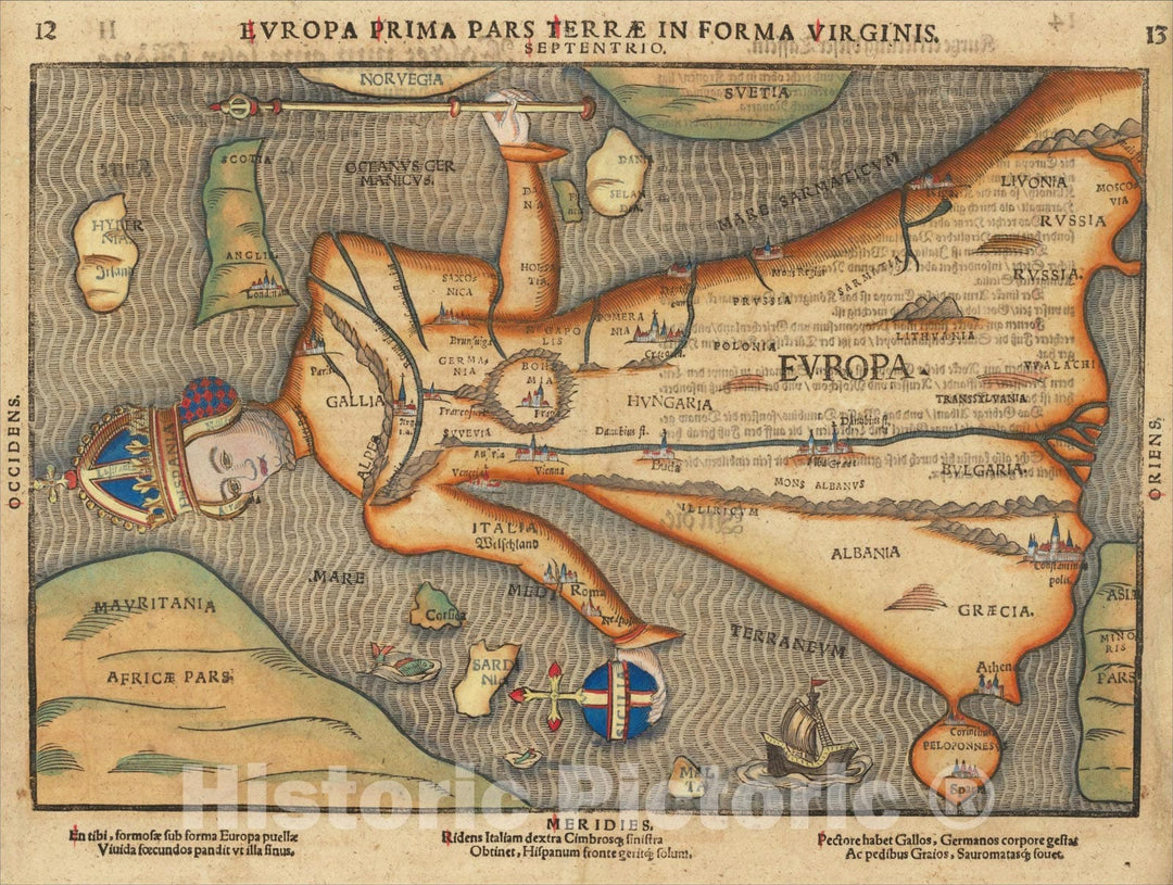 Historic Map : (Europe in the Shape of a Queen) Europa Prima Pars Terrae In Forma Virginis, c1581, Heinrich Bunting, Vintage Wall Art