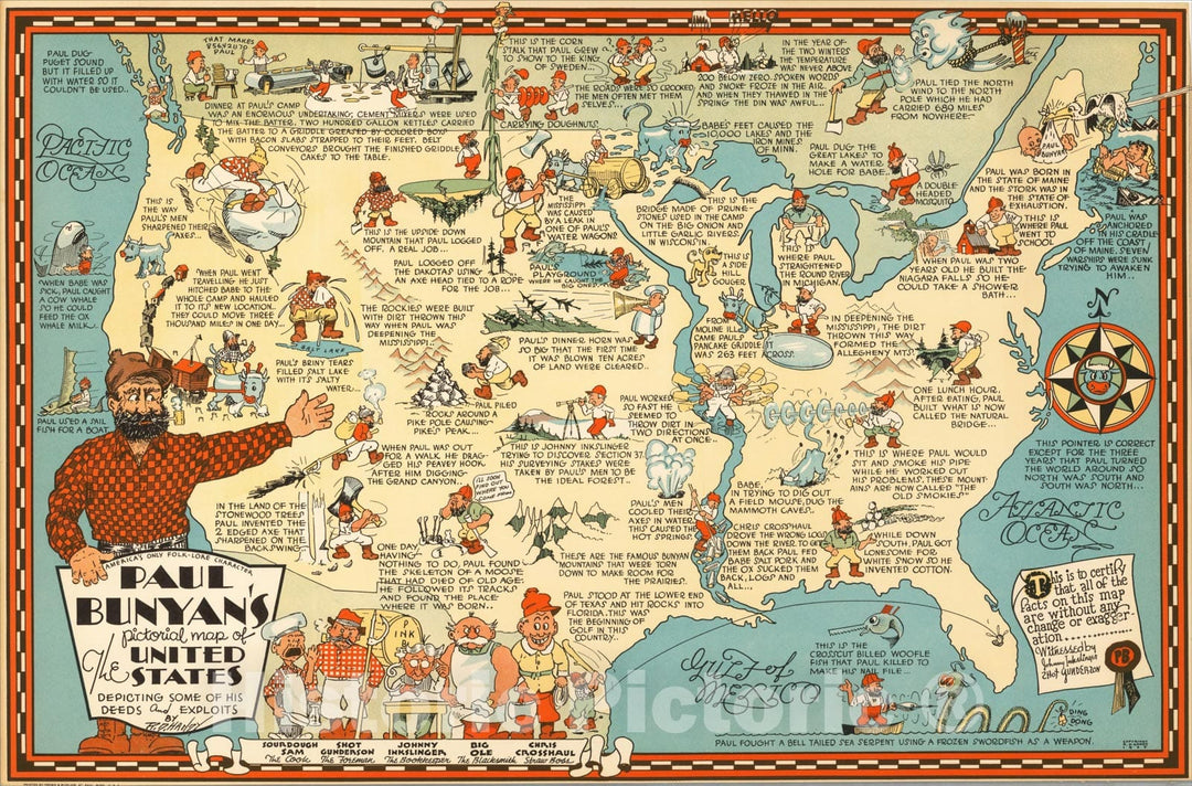 Historic Map : Paul Bunyan's pictorial map of the United States Depicting Some of his Deeds and Exploits By R. D. Handy, 1935, R. D. Handy, Vintage Wall Art