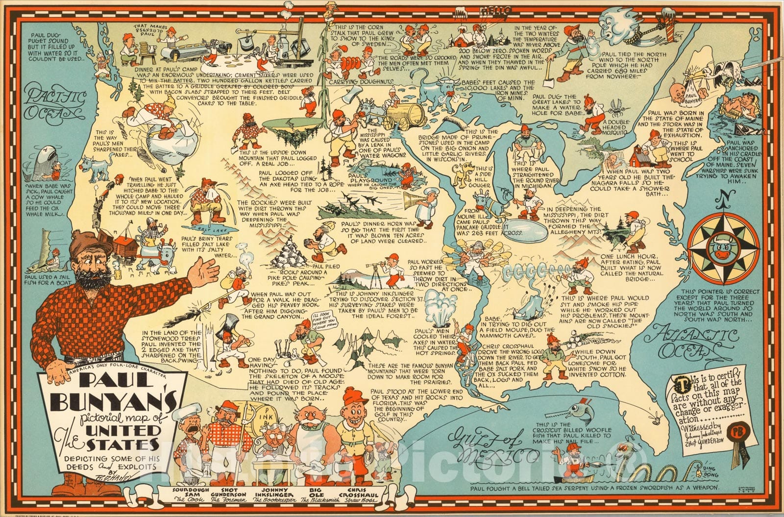 Historic Map : Paul Bunyan's pictorial map of the United States Depicting Some of his Deeds and Exploits By R. D. Handy, 1935, R. D. Handy, Vintage Wall Art