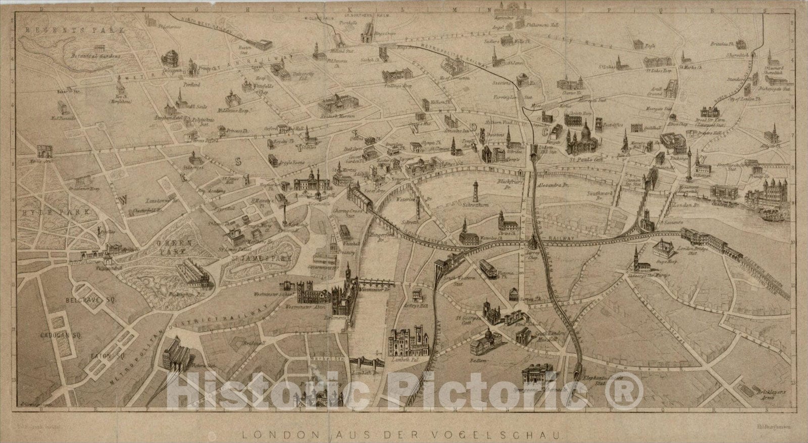 Historic Map : London Aus Der Vogelschau, 1880, E.G. Ravenstein, Vintage Wall Art