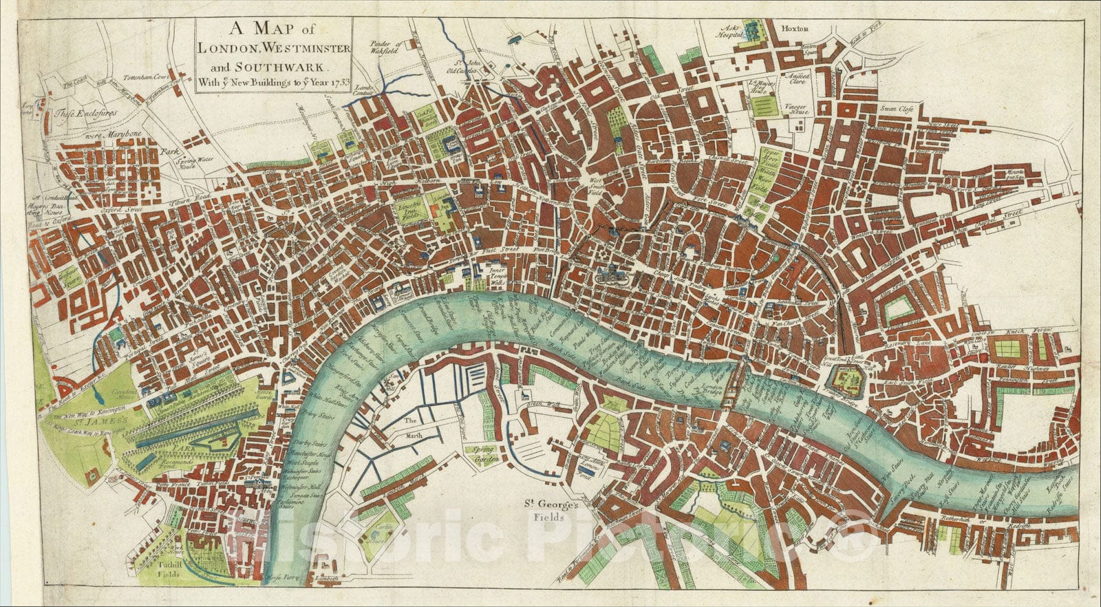 Historic Map : A Map of London, Westminster and Southwark With ye New Buildings to ye Year 1733., 1733, John Mottley, Vintage Wall Art