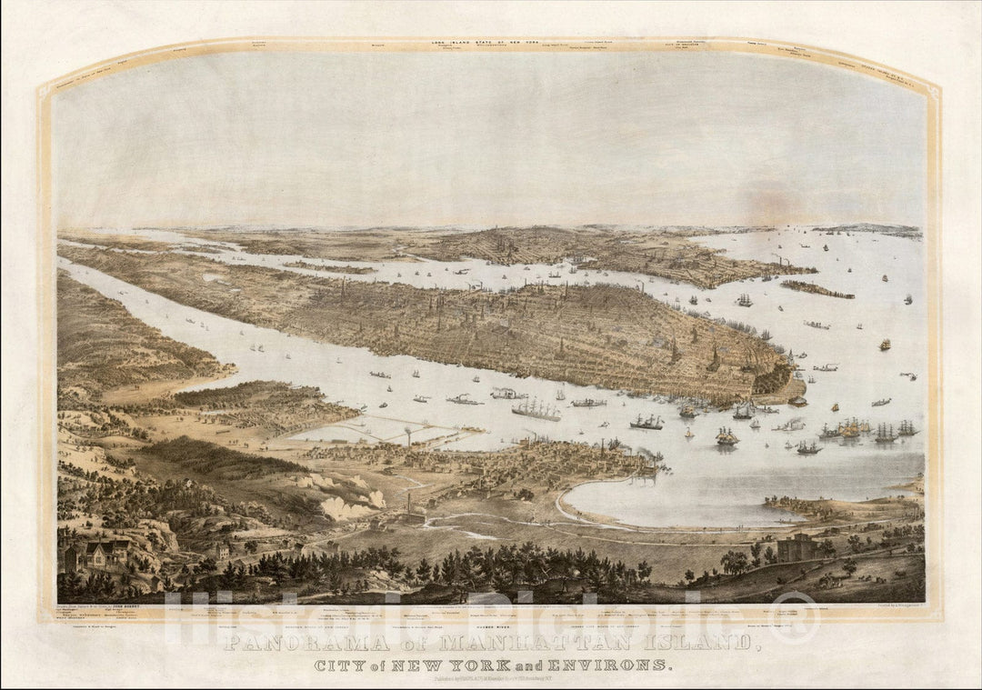 Historic Map : Panorama of Manhattan Island, City of New York and Environs., 1854, John Bornet, Vintage Wall Art