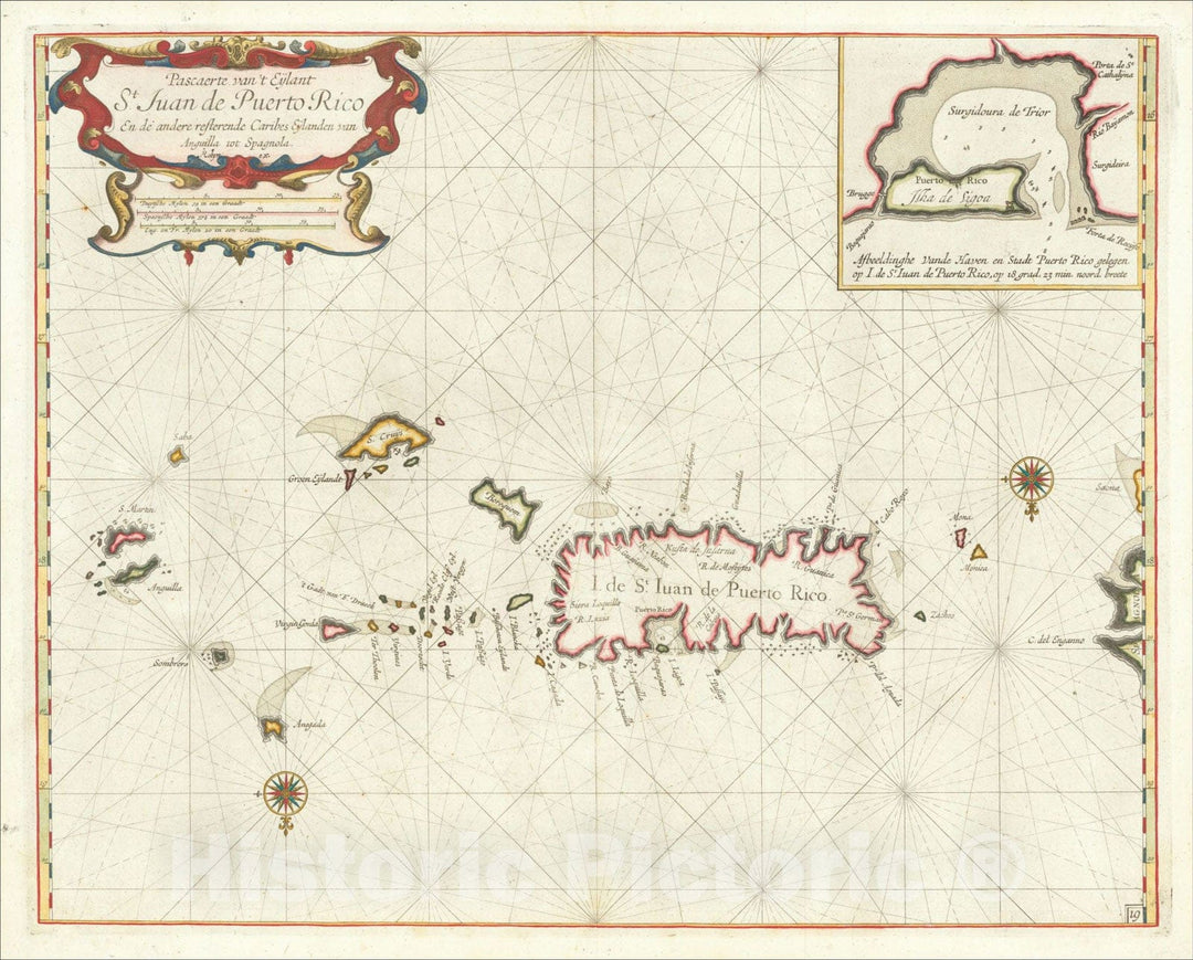 Historic Map : Pascaerte van't Eylant St. Juan de Puerto Rico en de andere resterend Caribes Eylanden van Anguilla tot Spagnola Robijn ex., 1678, v1, Vintage Wall Art