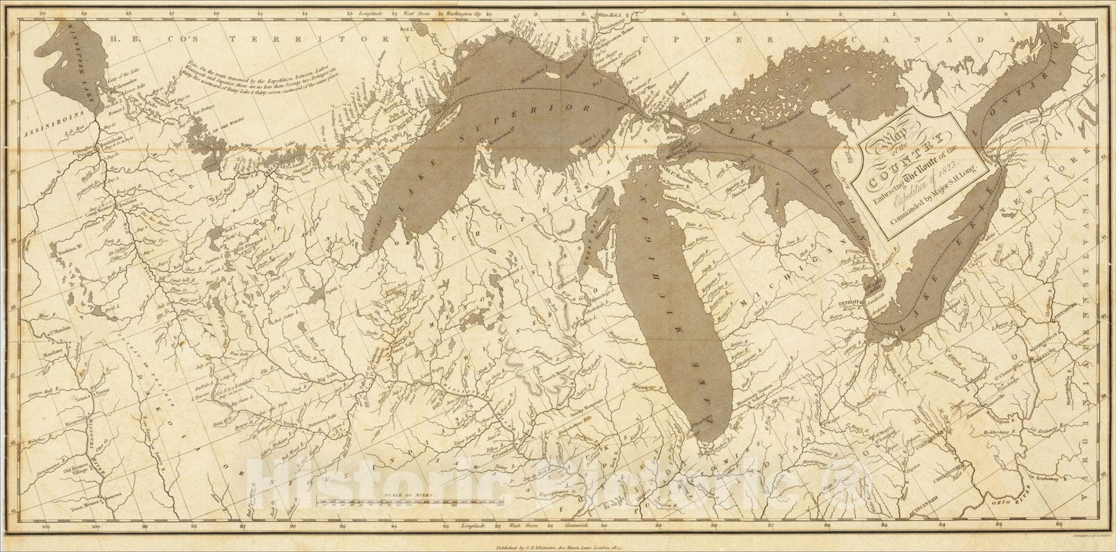 Historic Map : Map of the Country Embracing The Route of the Expedition of 1823. Commanded by Major S.H. Long, 1825, Stephen H. Long, Vintage Wall Art