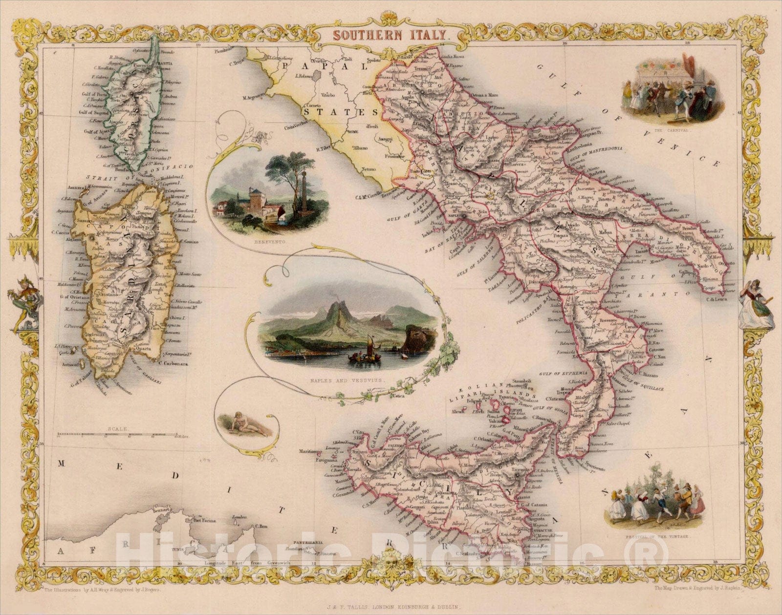 Historic Map : Southern Italy [Sicily, Sardinia, Corsica], 1851, John Tallis, v4, Vintage Wall Art