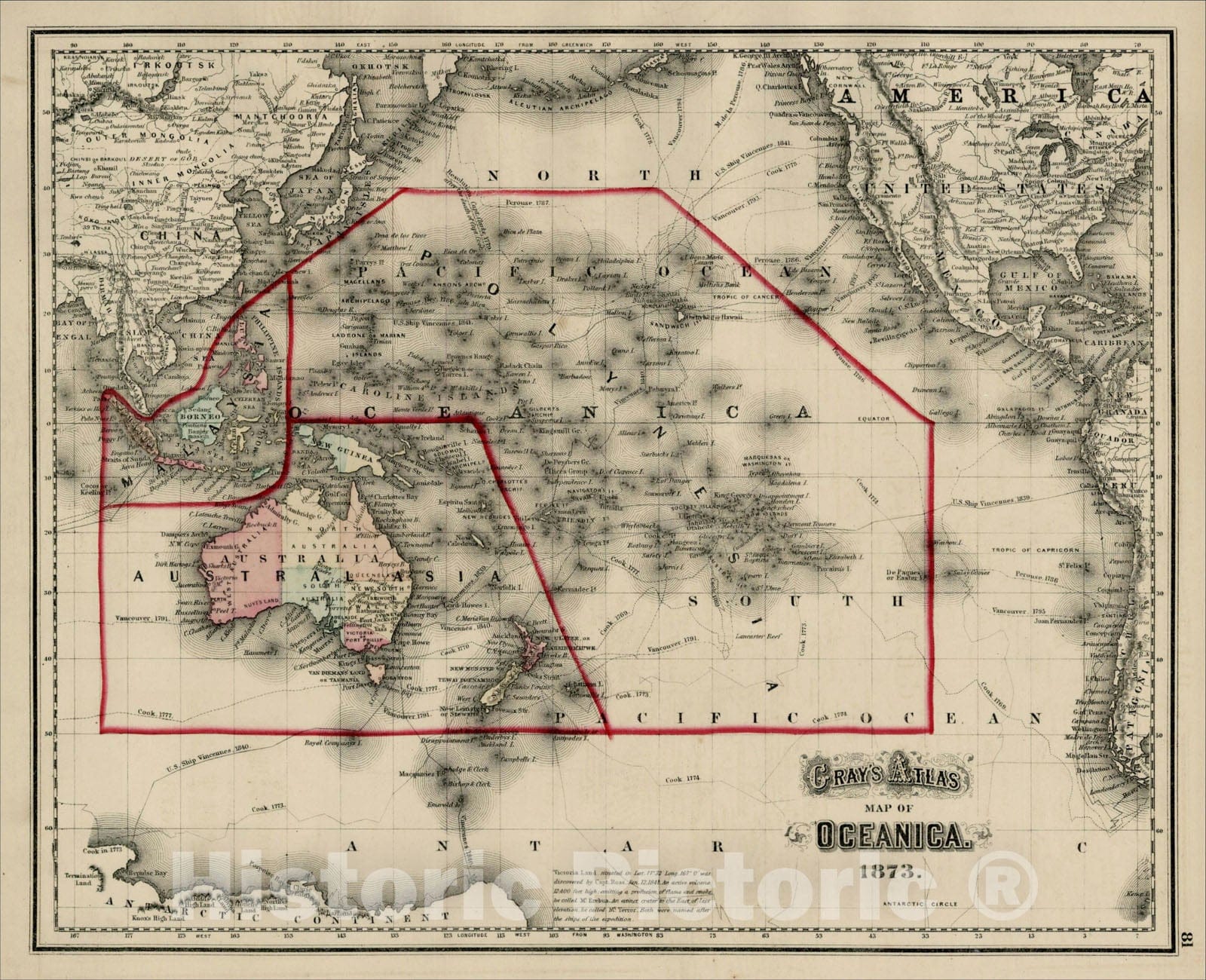 Historic Map : Gray's Map of Oceanica 1873, 1873, O.W. Gray, Vintage Wall Art