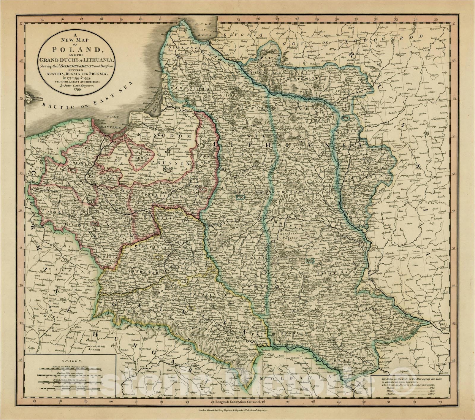 Historic Map : A New Map of Poland, and the Grand Duchy of Lithuania, Shewing their Dismemberments and Divisions Between Austria, Russia and Prussia, 1799, Vintage Wall Art