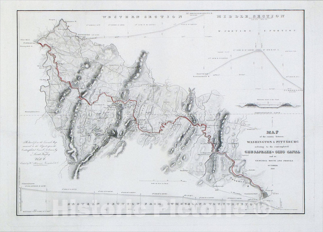 Historic Map : Map of the Country between Washington & Pittsburg refering to the contemplated Chesapeake & Ohio Canal and its General Route and Profile, 1826, Vintage Wall Art