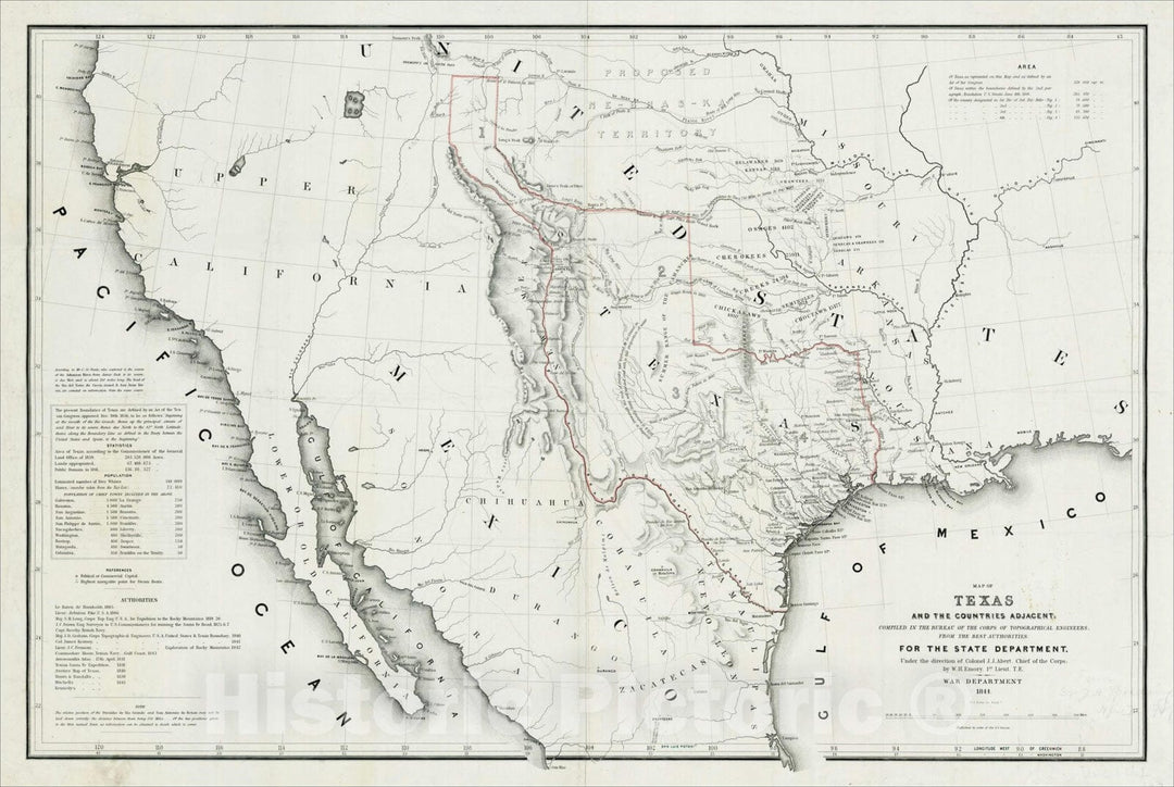 Historic Map : Map of Texas and the Countries Adjacent Compiled in the Bureau of the Corps of Topographical Engineers from the Best Authorities, 1844, 1844, , Vintage Wall Art