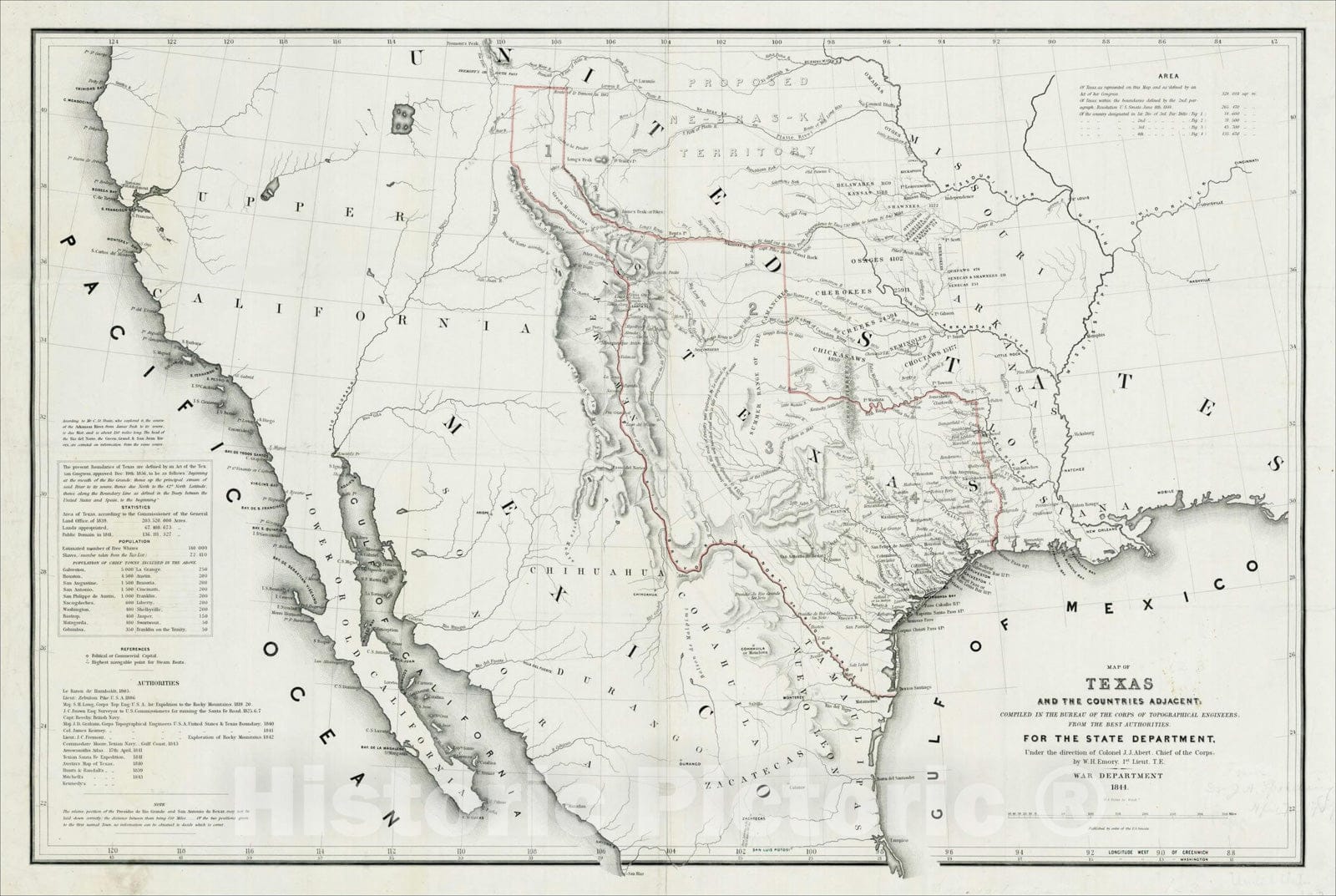 Historic Map : Map of Texas and the Countries Adjacent Compiled in the Bureau of the Corps of Topographical Engineers from the Best Authorities, 1844, 1844, , Vintage Wall Art