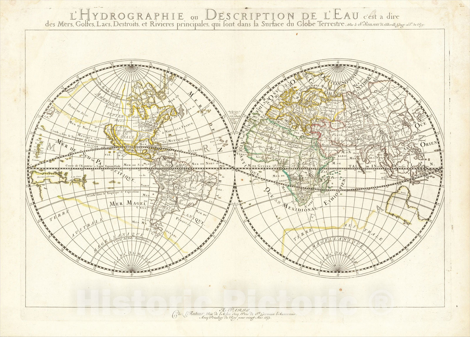 Historic Map : L'Hydrographie ou Descriprion de L'Eau c'est a dire des Mers, Golfes, Lacs, Destroits, et Rivieres principales, 1652, Nicolas Sanson, Vintage Wall Art