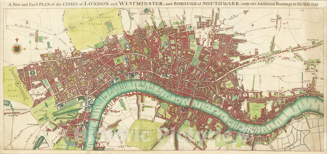 Historic Map : A New and Exact Plan of the Cities of London and Westminster and Borough of Southwark with the Additional Buildings to the Year 1756, 1756, Vintage Wall Art