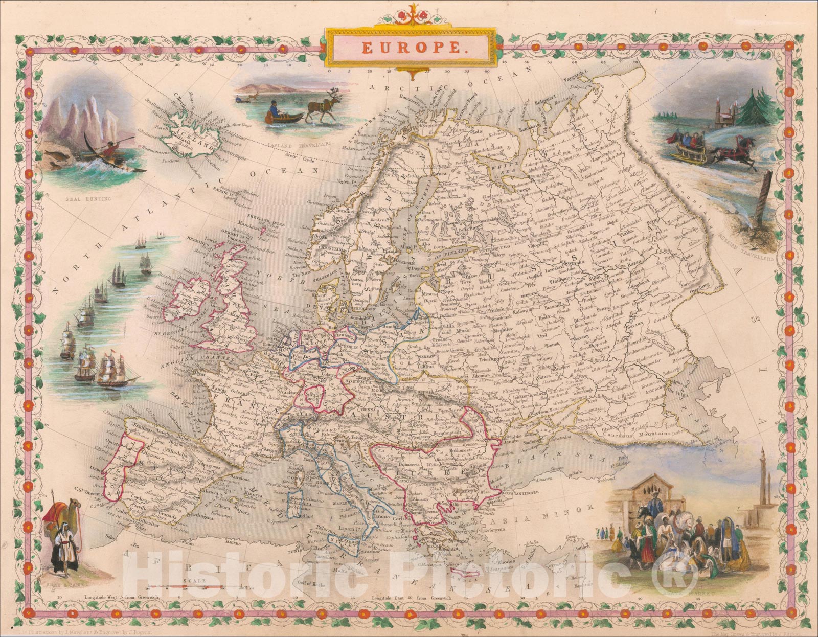 Historic Map : Europe, 1851, John Tallis, v2, Vintage Wall Art