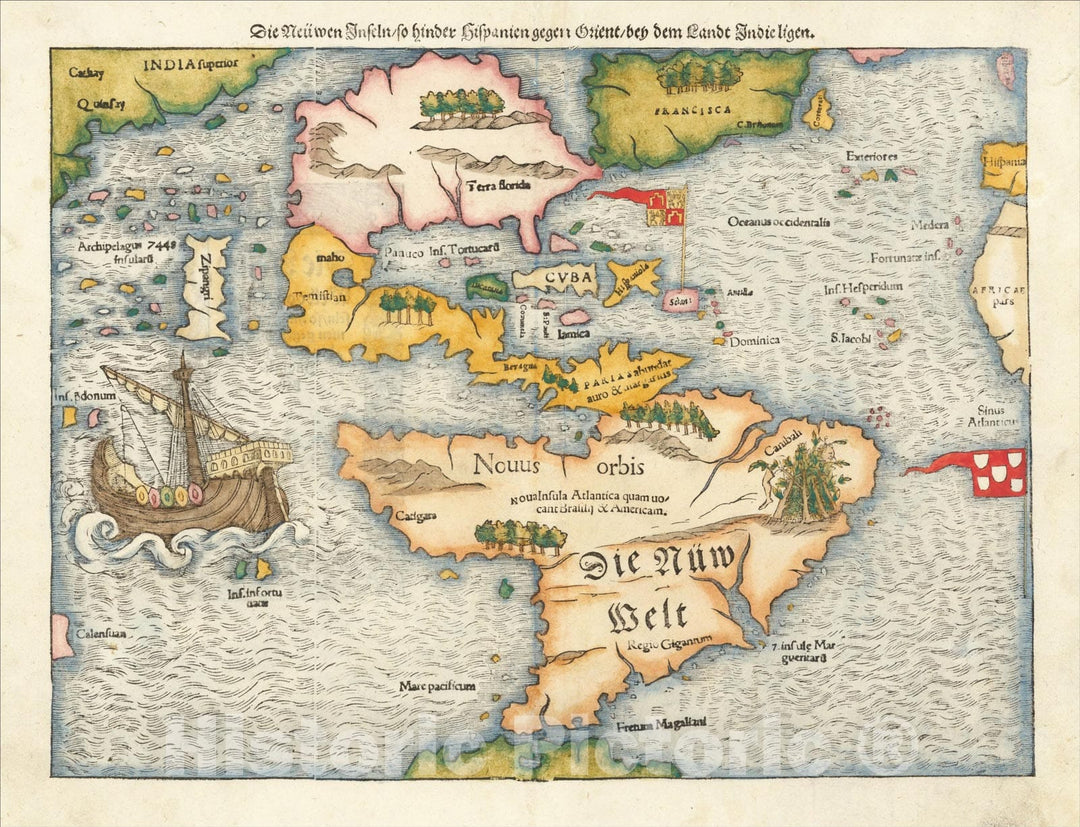 Historic Map : [First Map of the Continent of America] Die Neuwen Inseln, So hinder Hispanien gegen Orient ven dem land indie ligen, 1550, Sebastian M?nster, Vintage Wall Art