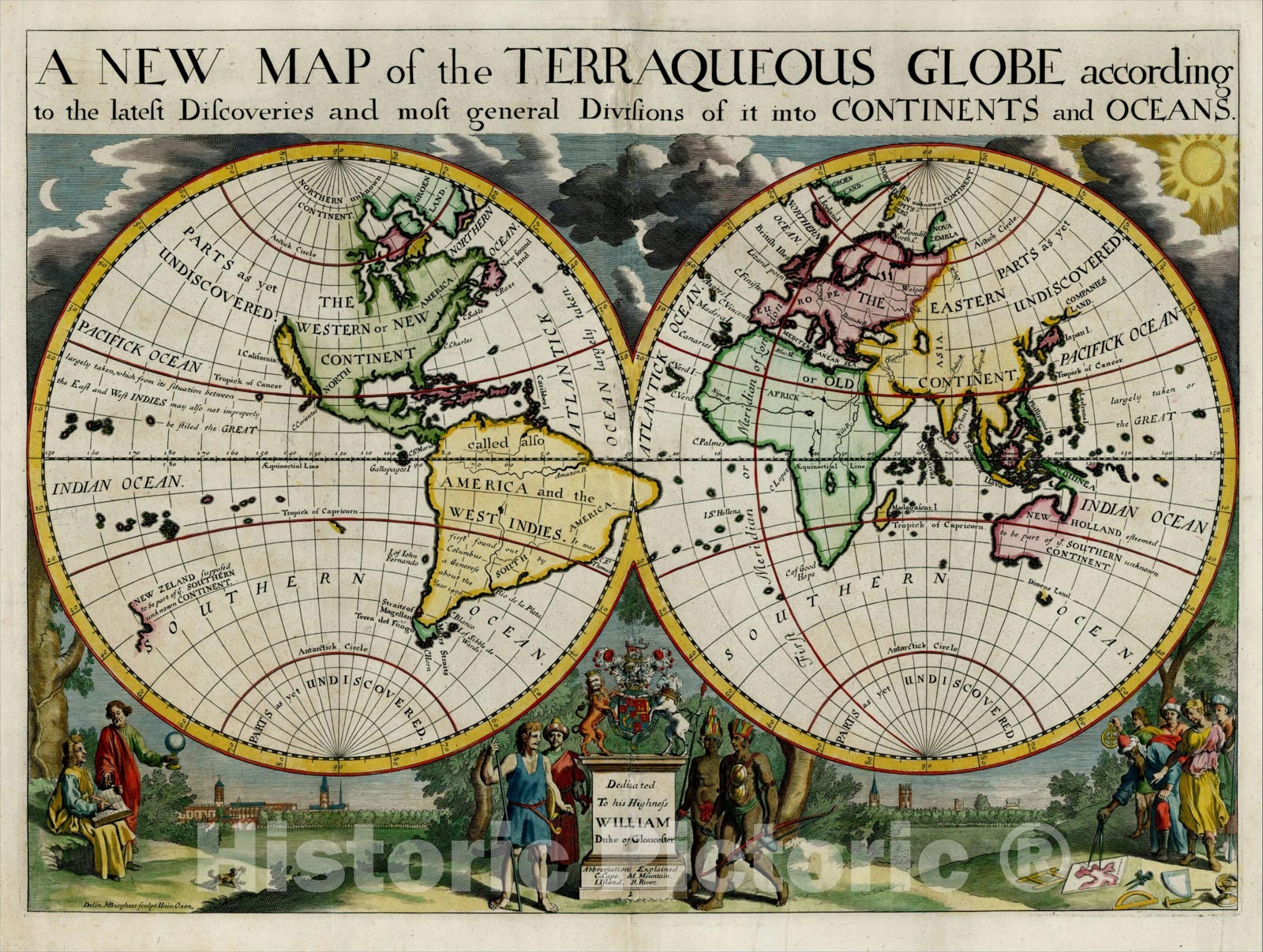 Historic Map : A New Map of the Terraqueous Globe according to the latest and most general Divisions of it into Continents and Oceans., 1700, Edward Wells, Vintage Wall Art