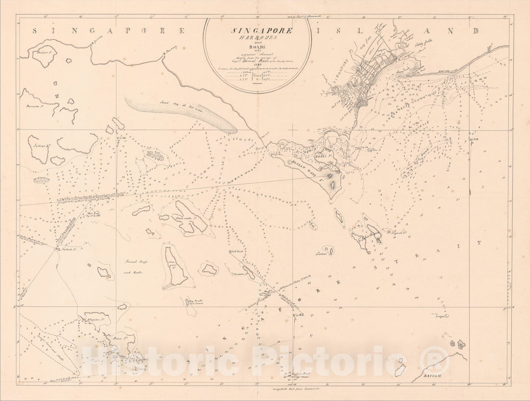 Historic Map : Singapore Harbours and Roads with adjacent channels chiefly from the surveys of Captn. Daniel Ross of the Bombay Marine 1827, c1841, Anonymous, Vintage Wall Art