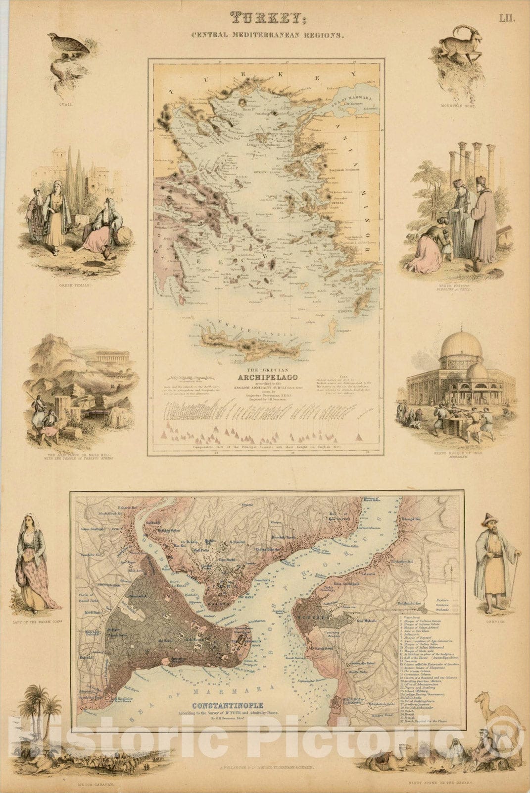 Historic Map : Turkey; Central Mediterranean Regions (and) Constantinople , 1855, Archibald Fullarton & Co., Vintage Wall Art