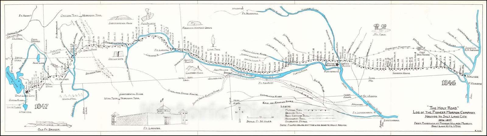 Historic Map : The Holy Road, Log of the Pioneer Mormon Company Nauvoo to Salt Lake City, c1970, Robert A. Hanson, Vintage Wall Art