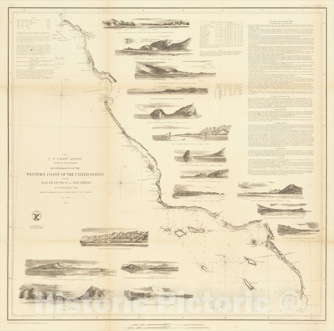 Historic Map : Reconnaissance of the Western Coast of the United States From San Francisco to San Diego, 1853, United States Coast Survey, Vintage Wall Art