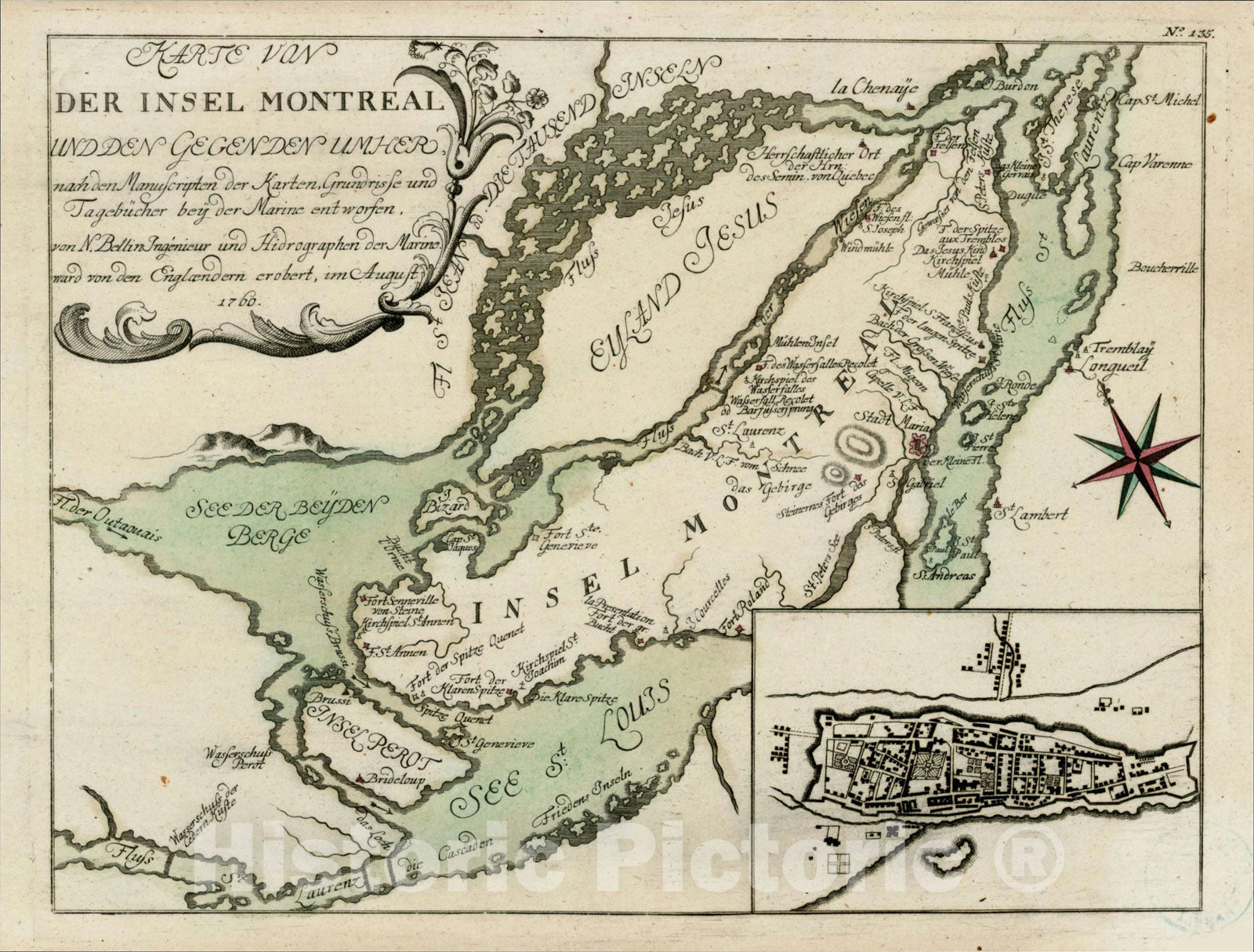 Historic Map : Karte Von Der Insel Montreal und den Gegenden Umher nach den Manuscripton der Karten Grundrisse und Tagebucher, c1764, Gabriel Nikolaus Raspe, Vintage Wall Art