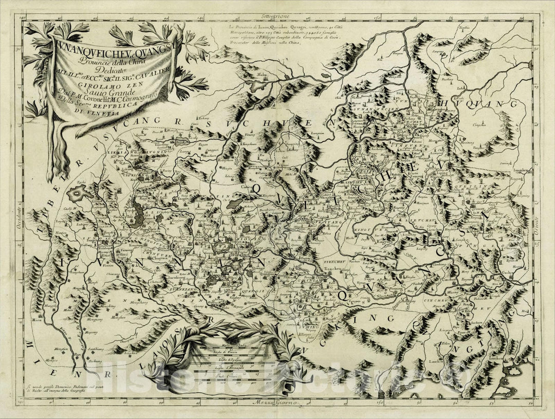 Historic Map : Iunan, Queicheu, e Quangsi Provincie della China, c1690, Vincenzo Maria Coronelli, Vintage Wall Art