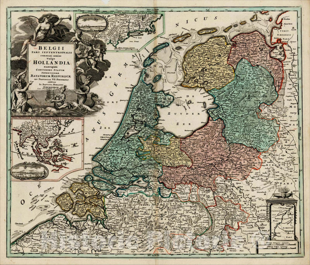 Historic Map : Belgii Pars Septentrionalis with Views of New Amsterdam (New York City) & Batavia, NE United States and SE Asia, 1703, Vintage Wall Art