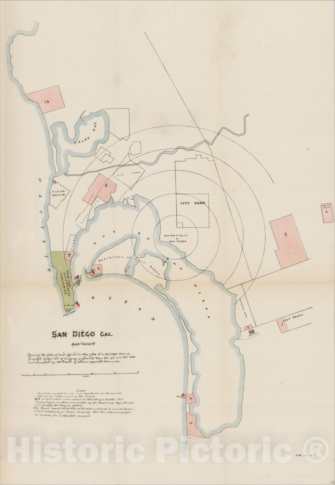 Historic Map : San Diego Cal. and Vicinity Showing the Plats of land offered for the site of a Military Pot, 1891, 1891, United States GPO, Vintage Wall Art