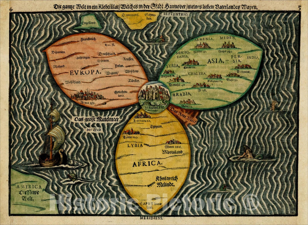 Historic Map : Die gantze Welt in ein Kleberblat, [Clover Leaf World Map], 1581, Heinrich Buenting, Vintage Wall Art