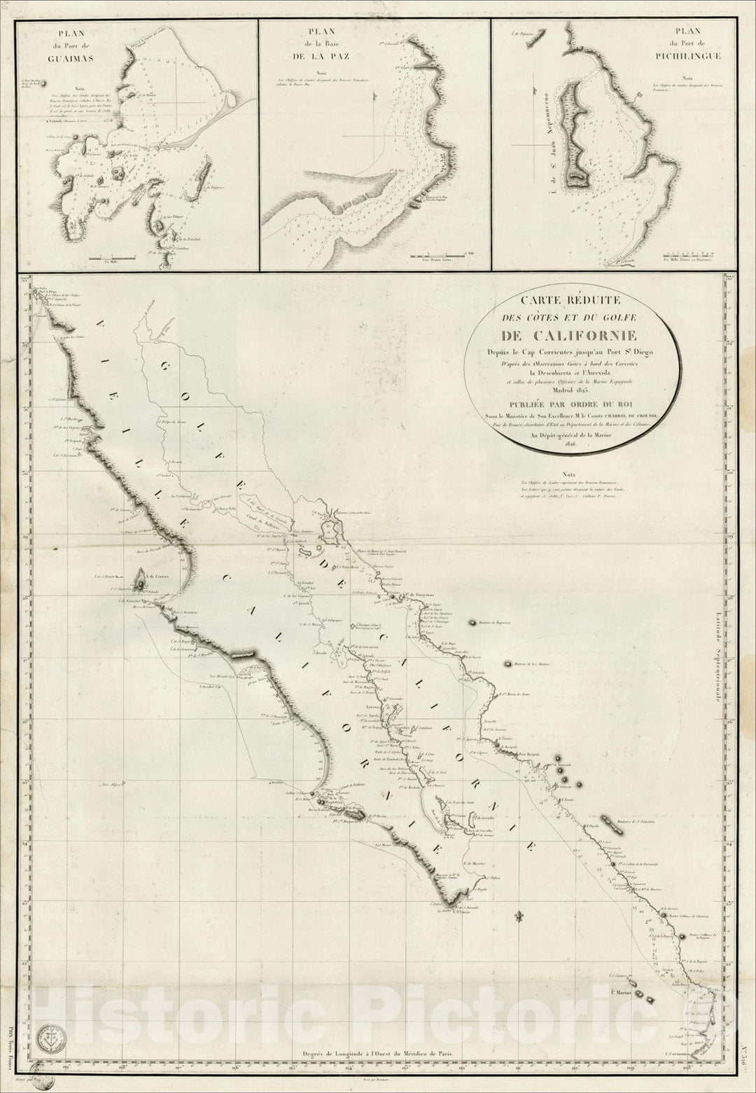 Historic Map : Carte Reduite Des Cotes et du Golfe De Californie Depis le Cap Corrientes jusqu'au Port St. Diego, 1826, 1826, Depot de la Marine, v1, Vintage Wall Art