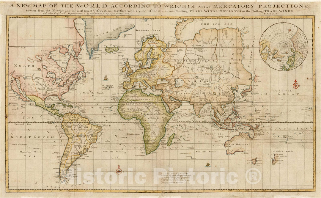 Historic Map : A New Map of the World According To Wright's Alias Mercator's Projection andc ., c1705, , Vintage Wall Art