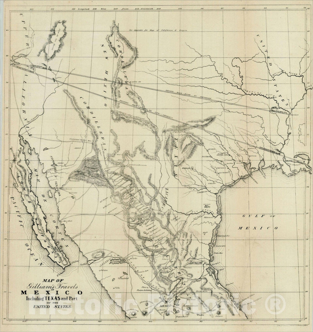 Historic Map : Map of Gilliam's Travels in Mexico Including Texas and Part of the United States, 1846, Albert Gilliam, Vintage Wall Art