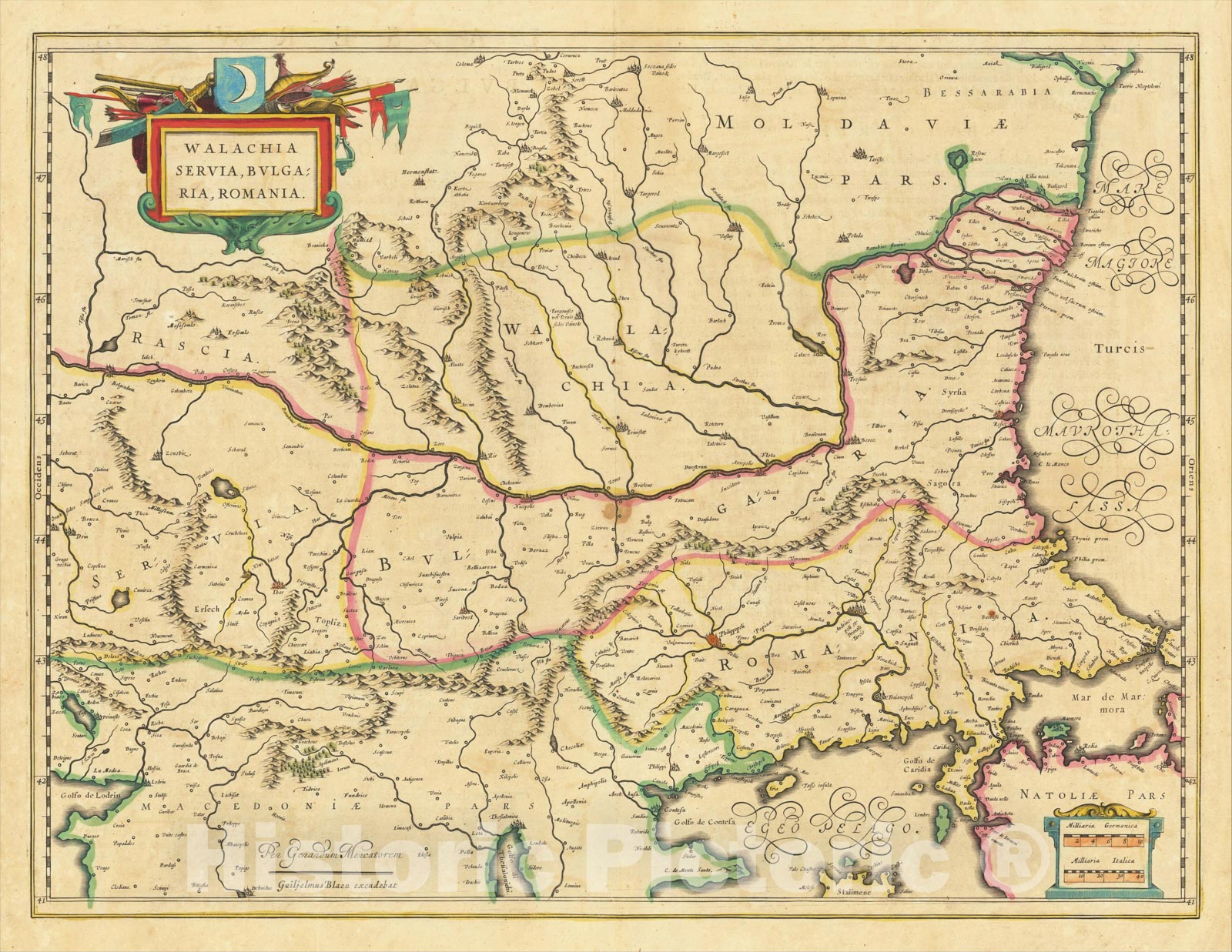 Historic Map : Walachia Servia, Bulgaria, Romania, 1635, Willem Janszoon Blaeu, Vintage Wall Art