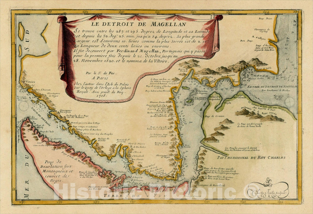 Historic Map : Le Detroit De Magellan, Il fut decouvert par Ferdinand Magellan, 17, 1705, Nicolas de Fer, Vintage Wall Art