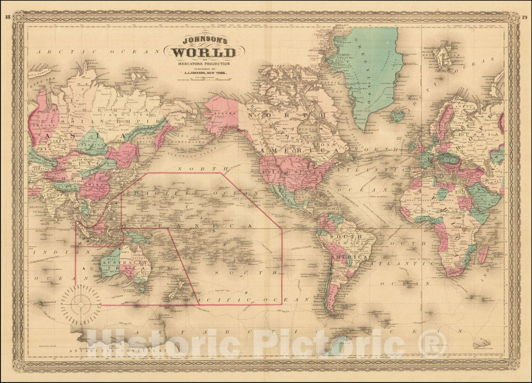 Historic Map : Johnson's Map of the World on Mercator's Projection, 1870, Alvin Jewett Johnson, Vintage Wall Art