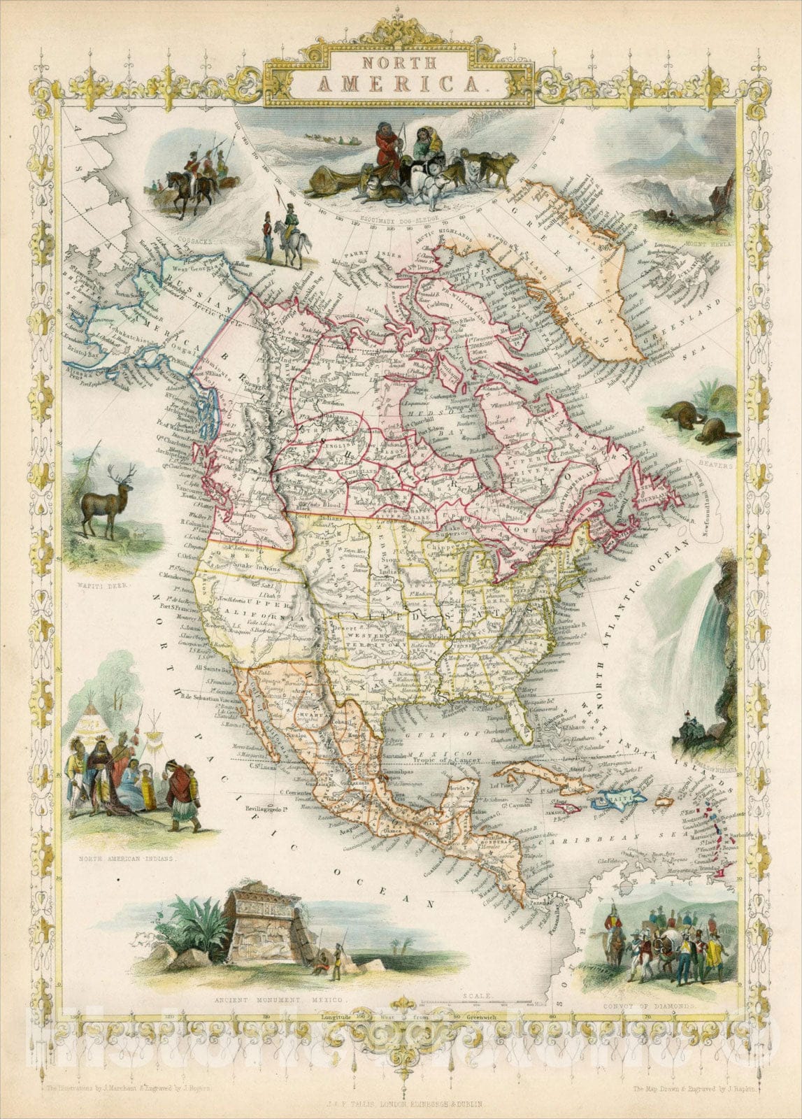 Historic Map : North America, 1851, John Tallis, v4, Vintage Wall Art