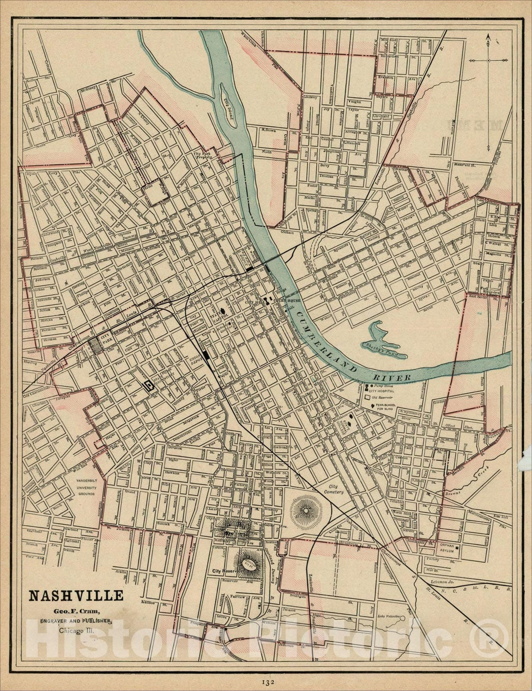 Historic Map : Nashville, 1892, George F. Cram, Vintage Wall Art