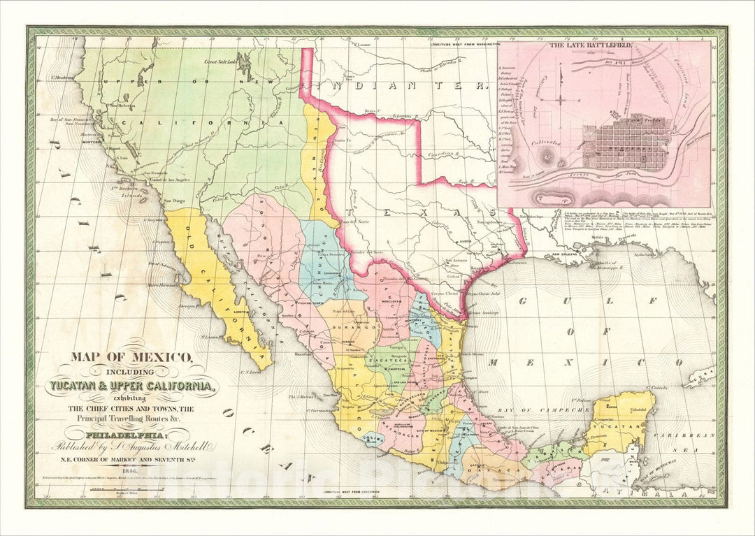 Historic Map : Map of Mexico, Including Yucatan and Upper California, exhibiting The Chief Cities And Towns, The Principal Travelling Routes, 1846, 1846, v1, Vintage Wall Art