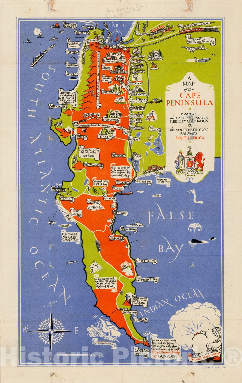 Historic Map : A Map of the Cape Peninsula. Issued by the Cape Peninsula Publicity Association & the South African Railways, 1935, , Vintage Wall Art