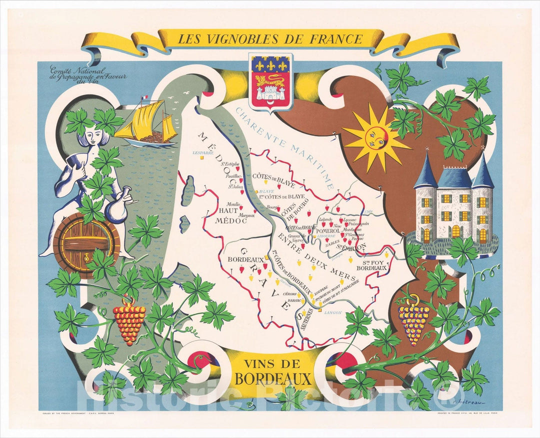 Historic Map : Les Vignobles De France -- Vins De Bordeaux (The Vineyards of France -- Wines of Bordeaux), 1954, Remy Hetreau, Vintage Wall Art